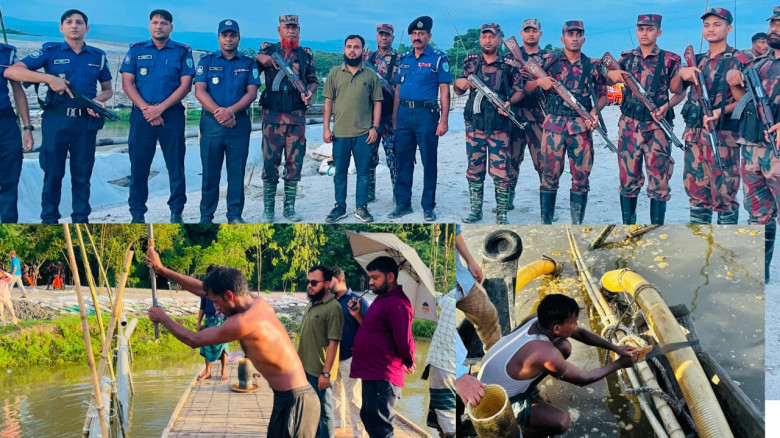 গোয়াইনঘাটে অবৈধ বালু উত্তোলনের বিরুদ্ধে অভিযান: ৬ নৌকা ও ২ ড